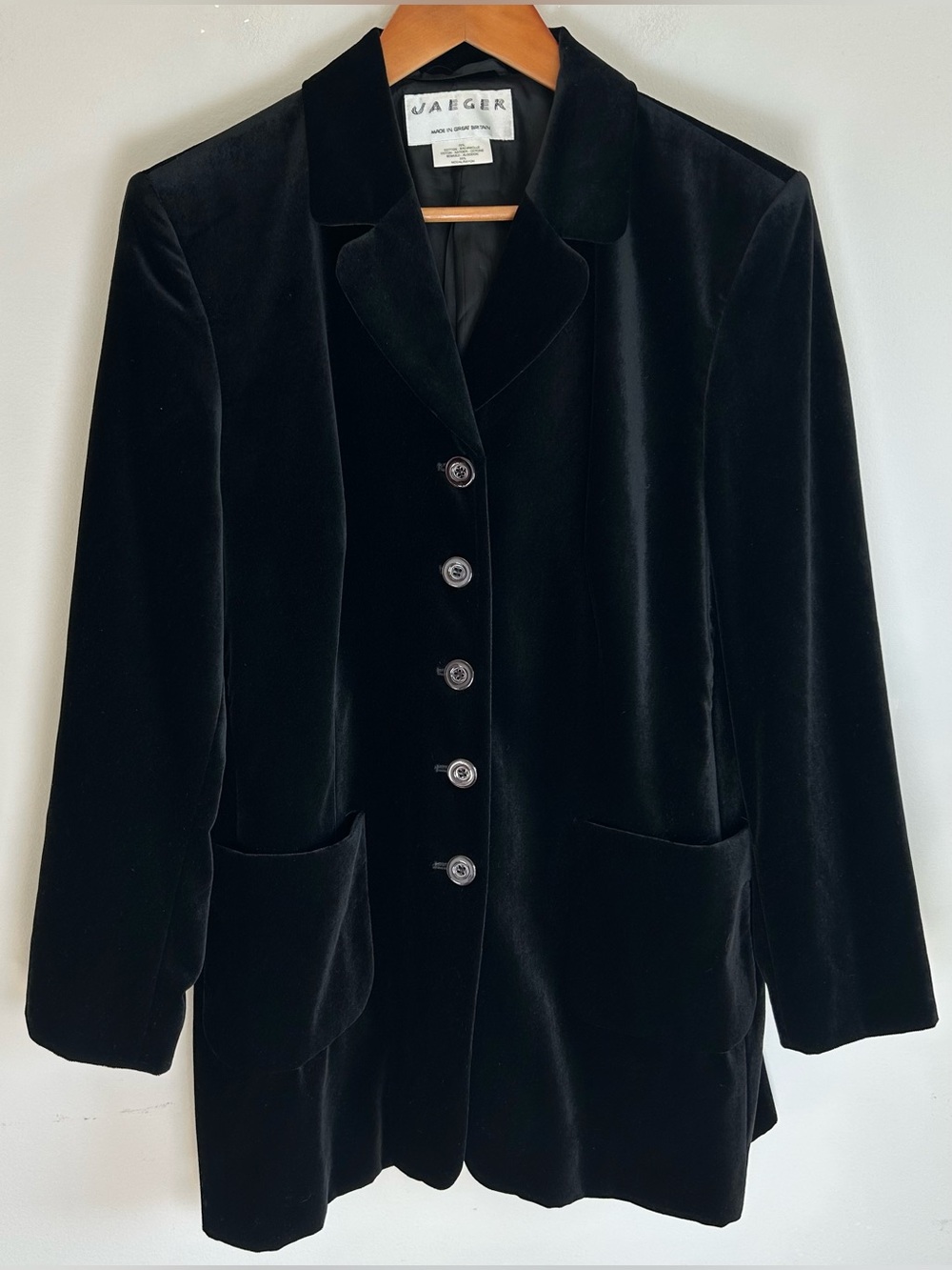 Vintage Jaeger Black Velvet Long Line Blazer Coat Women's Sz 16 Luxury Cotton